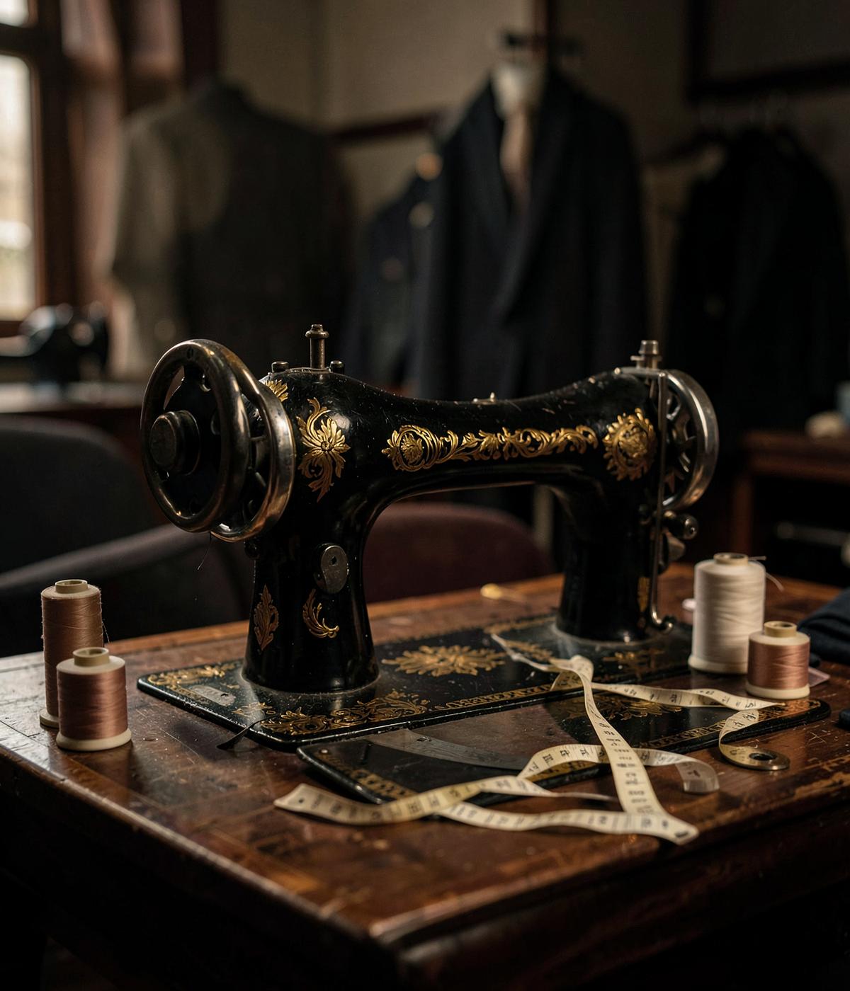 Vintage black sewing machine with gold detailing in the atelier