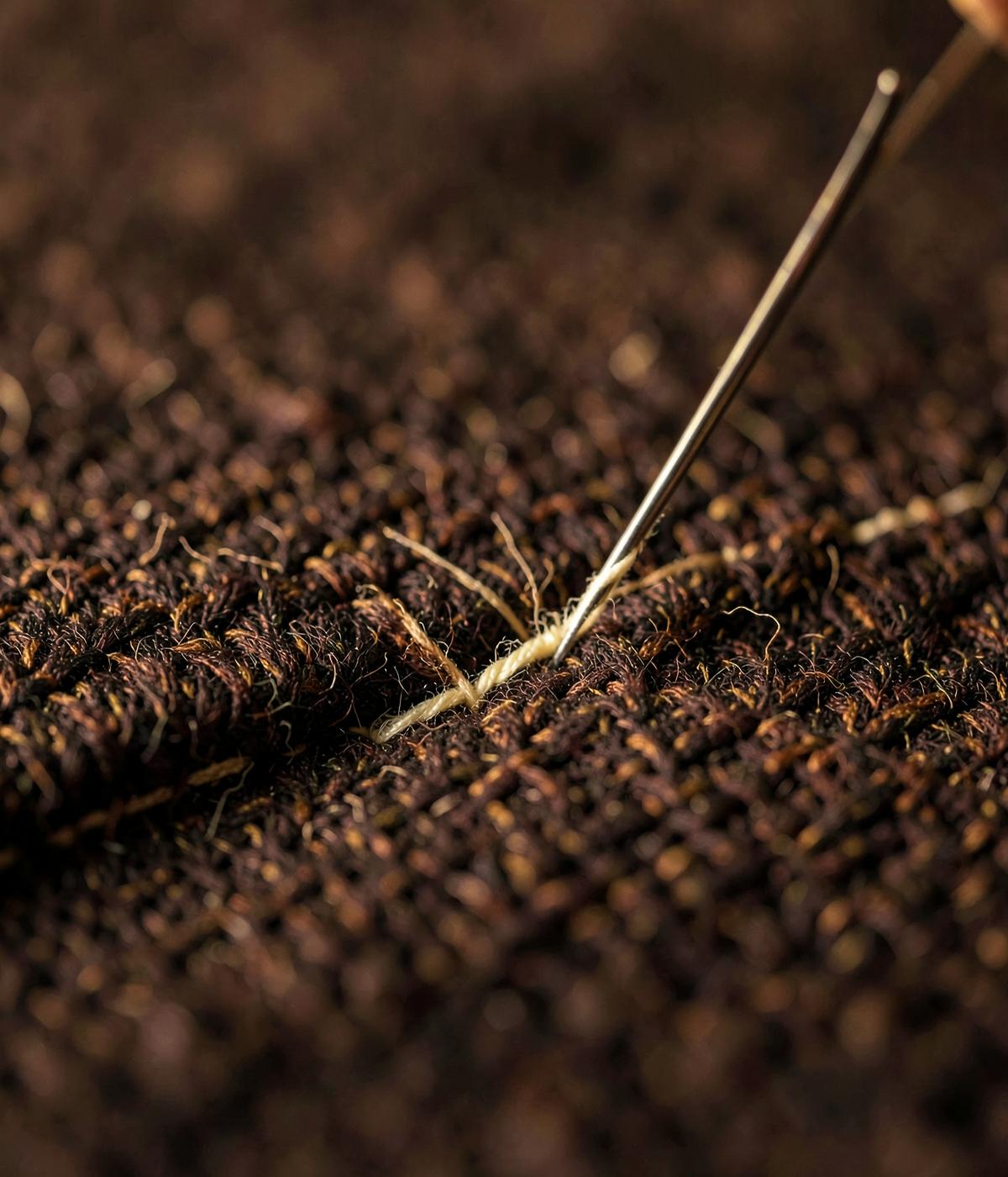 Macro detail of precise stitching on dark brown wool fabric