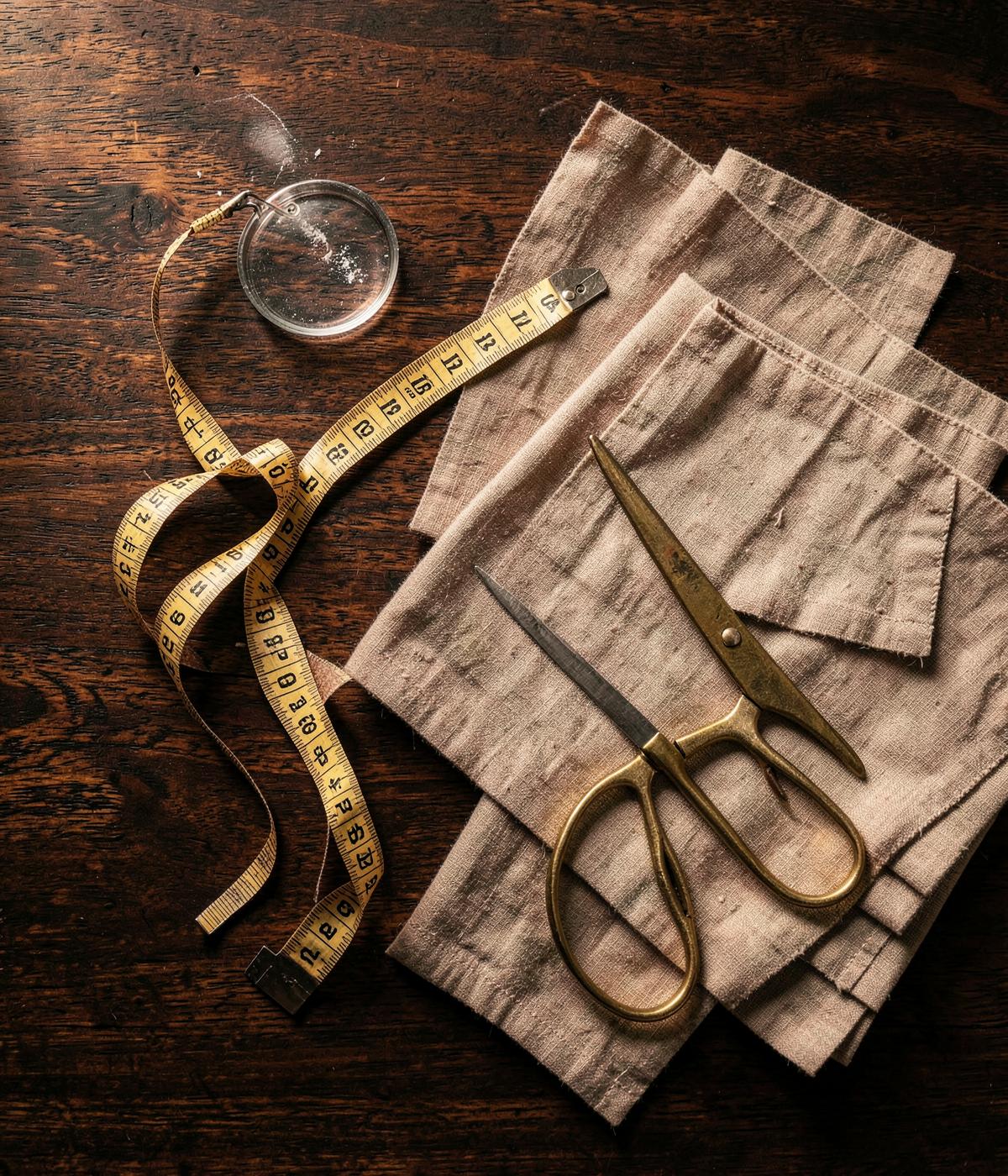Tailoring tools, measuring tape and brass scissors on dark wood