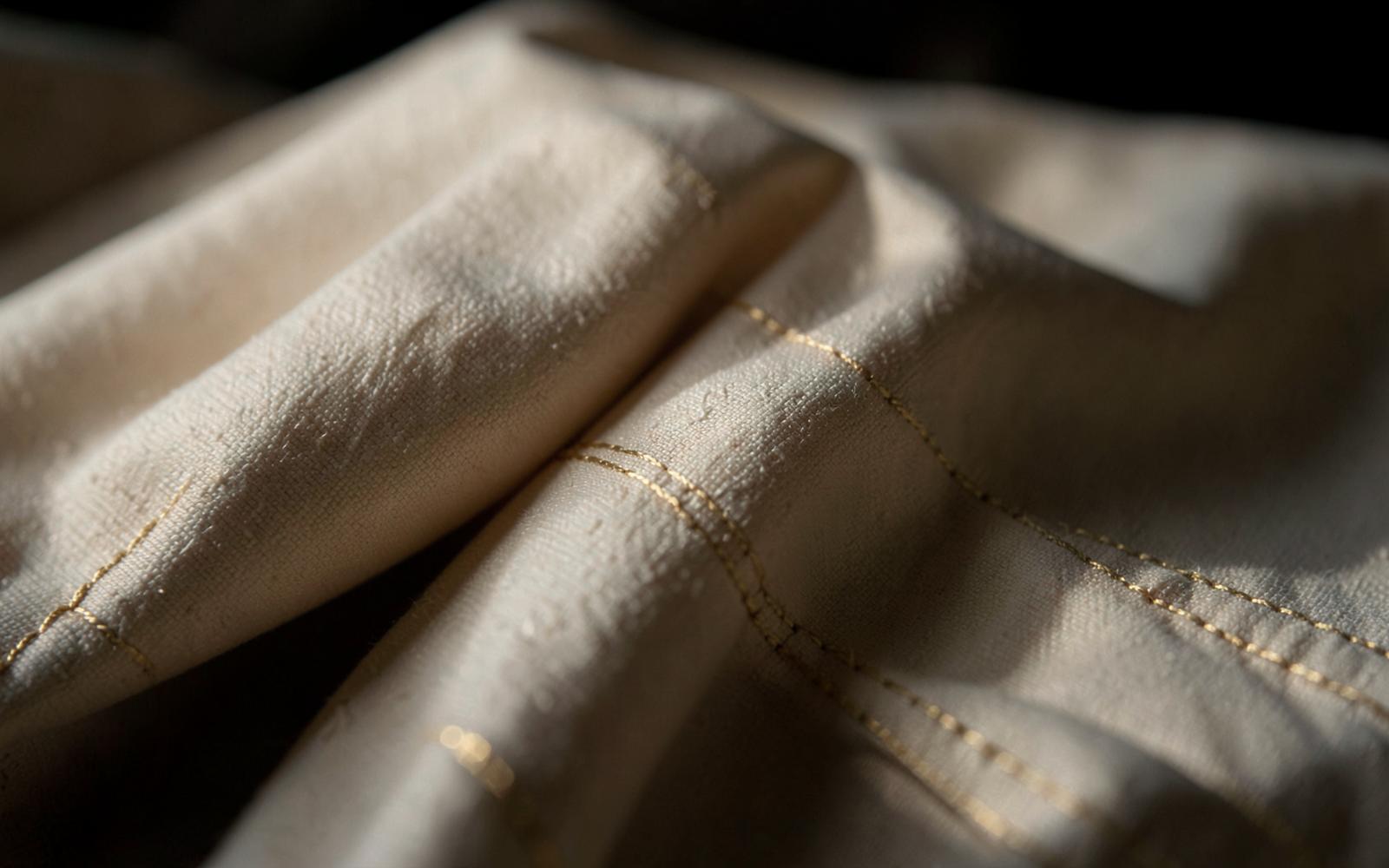 Close detail of gold stitching on cream fabric