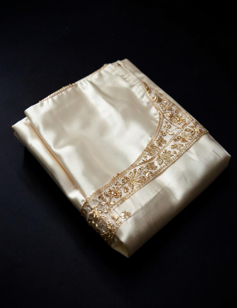 Cream silk churidar set with gold embroidered trim, folded