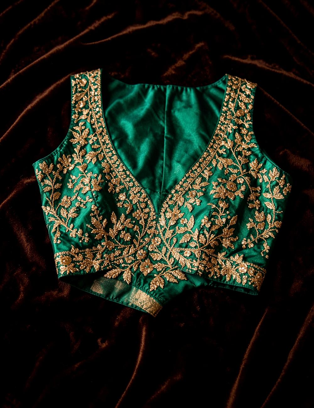 Emerald silk designer saree blouse with gold zari embroidery