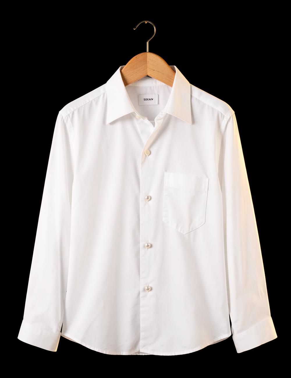 Crisp white bespoke cotton shirt on a wooden hanger