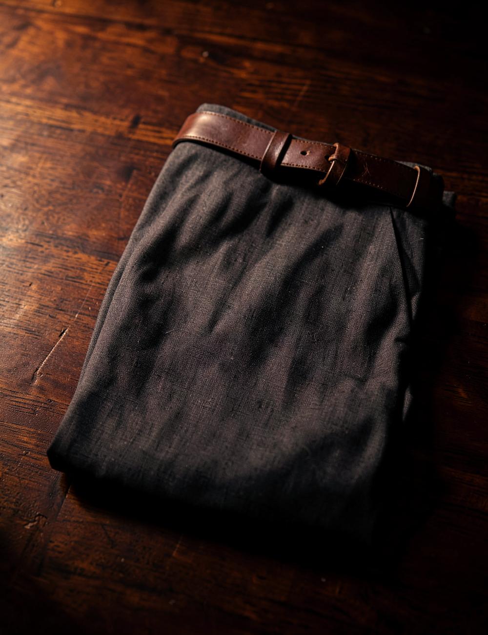 Folded tailored charcoal formal trousers with leather belt