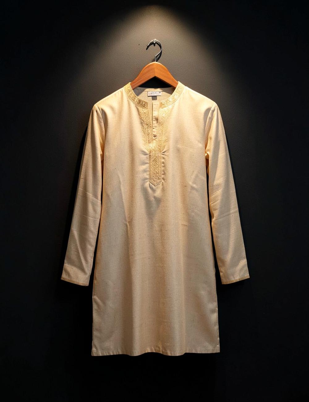 Beige kurta with gold embroidered collar on a hanger